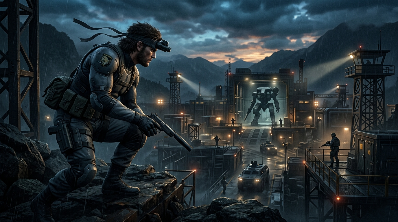 Arte conceitual de Metal Gear Solid. Em primeiro plano, Solid Snake usa visor térmico e segura uma pistola com silenciador enquanto observa uma base inimiga. Ao fundo, luzes de torres de vigia iluminam o pátio onde veículos militares circulam e um imenso robô bípede (Metal Gear) aguarda em um hangar aberto entre montanhas.