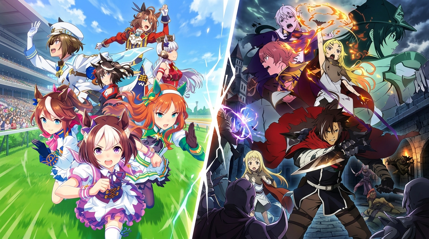 Uma imagem dividida diagonalmente por um raio branco. À esquerda, as personagens de Umamusume correm em uma pista de grama sob um céu ensolarado e vibrante, vestindo uniformes coloridos de corrida. À direita, o elenco de Sentenced to Be a Hero aparece em uma cena de batalha sombria e intensa; guerreiros empunham espadas e magias de fogo contra monstros em um cenário medieval noturno. O contraste destaca a alegria do esporte contra o tom épico e dramático da fantasia.