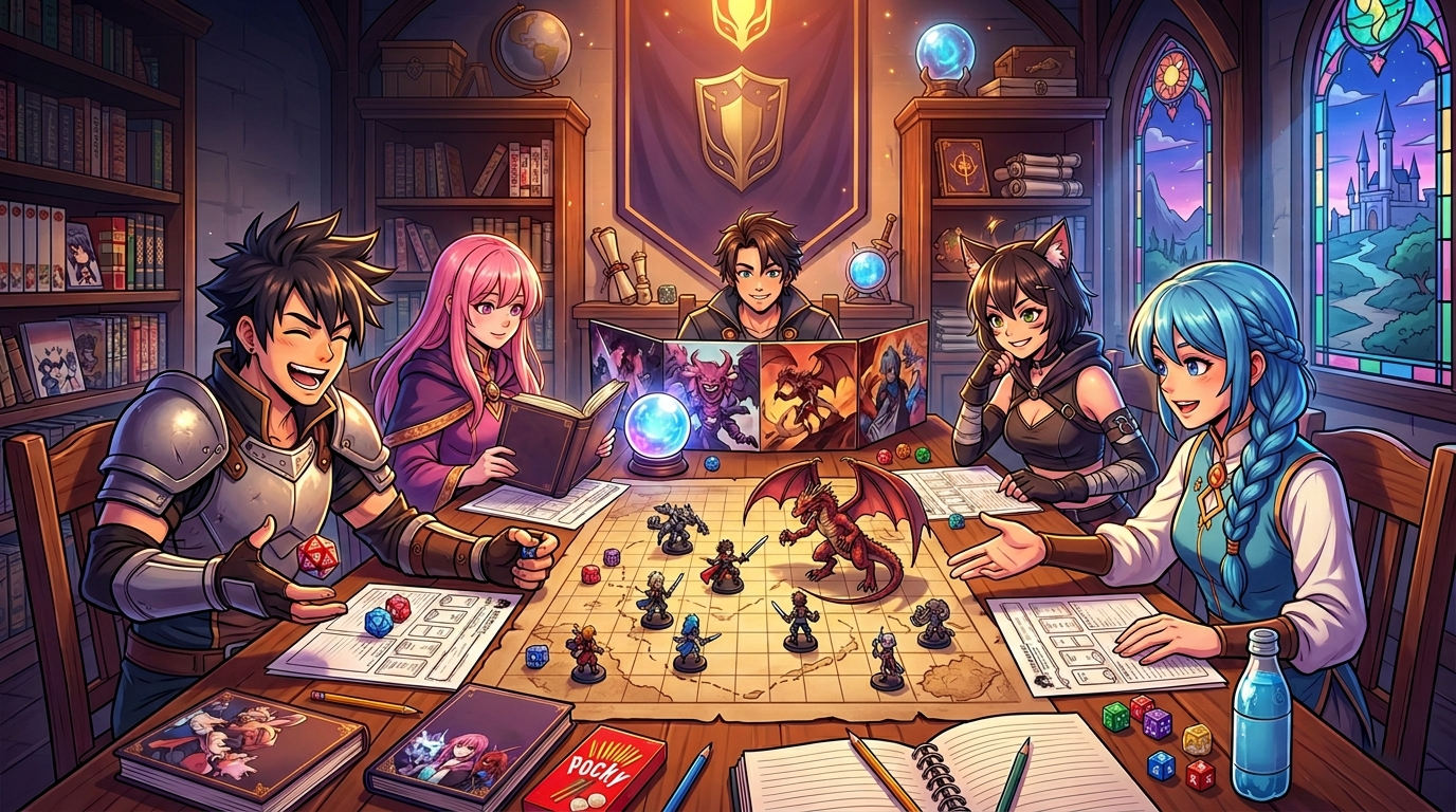 Personagens em estilo anime sentados a mesa jogando RPG