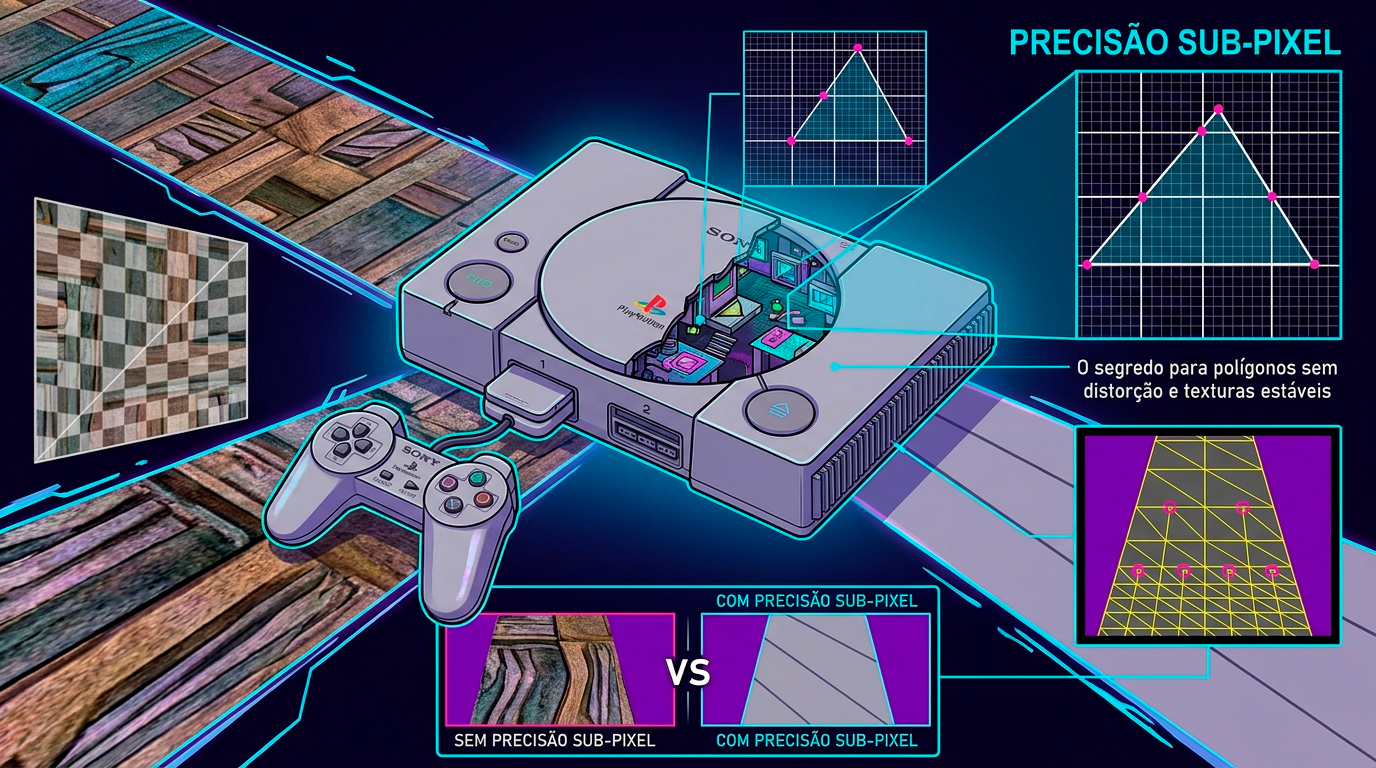 Ilustração cutaway de um Playstation Col diversos gráficos mostrando e representando os efeitos da técnica de computação gráfica da eficiência sub-pixel