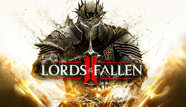 Arte promocional do jogo Lords of the Fallen II. Um imponente guerreiro de armadura pesada e escura está centralizado, usando um elmo pontiagudo envolto em uma coroa de espinhos dourados. Seus olhos brilham com uma luz branca intensa. Ele segura uma espada verticalmente à sua frente. No centro, o logotipo "LORDS OF THE FALLEN" aparece em letras brancas, dividido por um grande algarismo romano "II" em vermelho vivo. O fundo é claro, cercado por faíscas e chamas douradas na base.