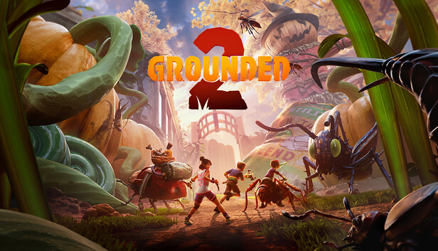 Arte promocional do jogo Grounded 2. Quatro crianças encolhidas exploram um imenso jardim temático de outono, cercadas por grandes abóboras e folhas. Duas delas montam insetos domesticados, como um percevejo e uma aranha, enquanto as outras correm a pé. Insetos gigantes, como um gafanhoto e uma vespa, os cercam. Ao fundo, ergue-se um enorme espantalho com cabeça de abóbora. No centro superior, destaca-se o logotipo laranja "GROUNDED" sob um grande número "2" vermelho estilizado.