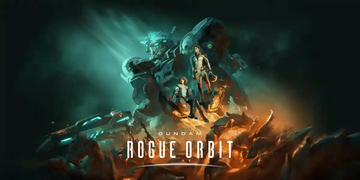Arte promocional do jogo Gundam Rogue Orbit. Ao centro, dois pilotos estão posicionados sobre destroços de metal: um homem em pé com traje espacial futurista claro segurando um capacete, e uma mulher sentada ao seu lado. Atrás deles, ergue-se a silhueta imponente de um robô gigante Gundam, banhado por uma intensa luz esmeralda que corta a escuridão do espaço. Abaixo dos personagens, o logotipo "GUNDAM ROGUE ORBIT" destaca-se em letras brancas sobre um brilho alaranjado de faíscas e explosões.