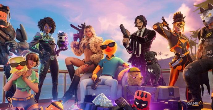 Vários personagens do jogo Fortnite reunidos em estilo promocional. No centro, um personagem com cabeça de pato amarelo e óculos escuros está sentado em uma poltrona. Ao seu redor estão figuras marcantes, incluindo John Wick de terno preto segurando uma pistola ao lado de um cachorro preto, uma mulher loira de casaco de pele com uma submetralhadora, e outros guerreiros com trajes futuristas e urbanos. O cenário ao fundo mostra um céu ensolarado em tons de rosa e azul sobre o convés de uma embarcação.