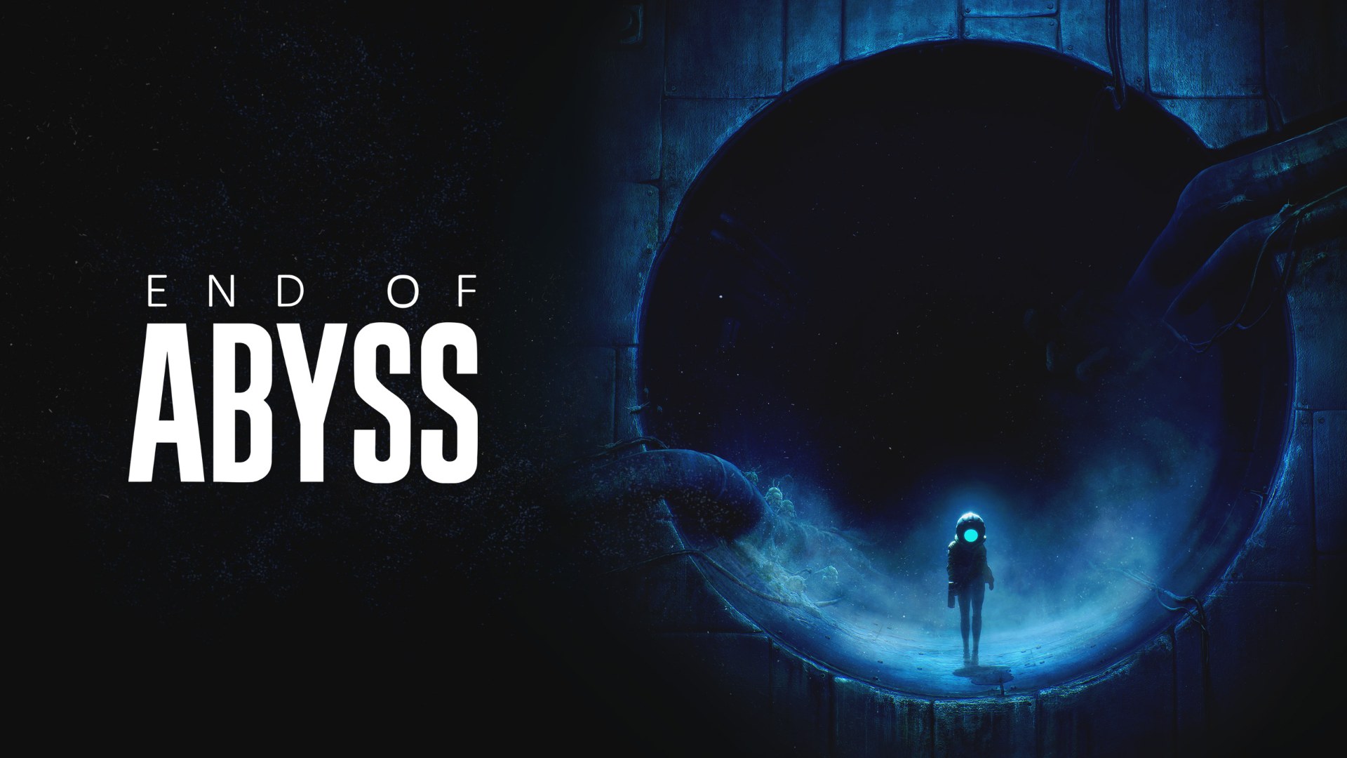 À esquerda, um fundo preto exibe o título do jogo "END OF ABYSS" em letras brancas e grossas. À direita, uma grande abertura circular de metal revela uma imensa escuridão profunda. Na base desse túnel circular, uma pequena figura solitária usando um traje de mergulho ou astronauta caminha em direção ao abismo. O capacete da criatura emite uma forte luz azul-esverdeada, iluminando uma névoa rasteira e estruturas misteriosas ao seu redor no chão da escotilha.