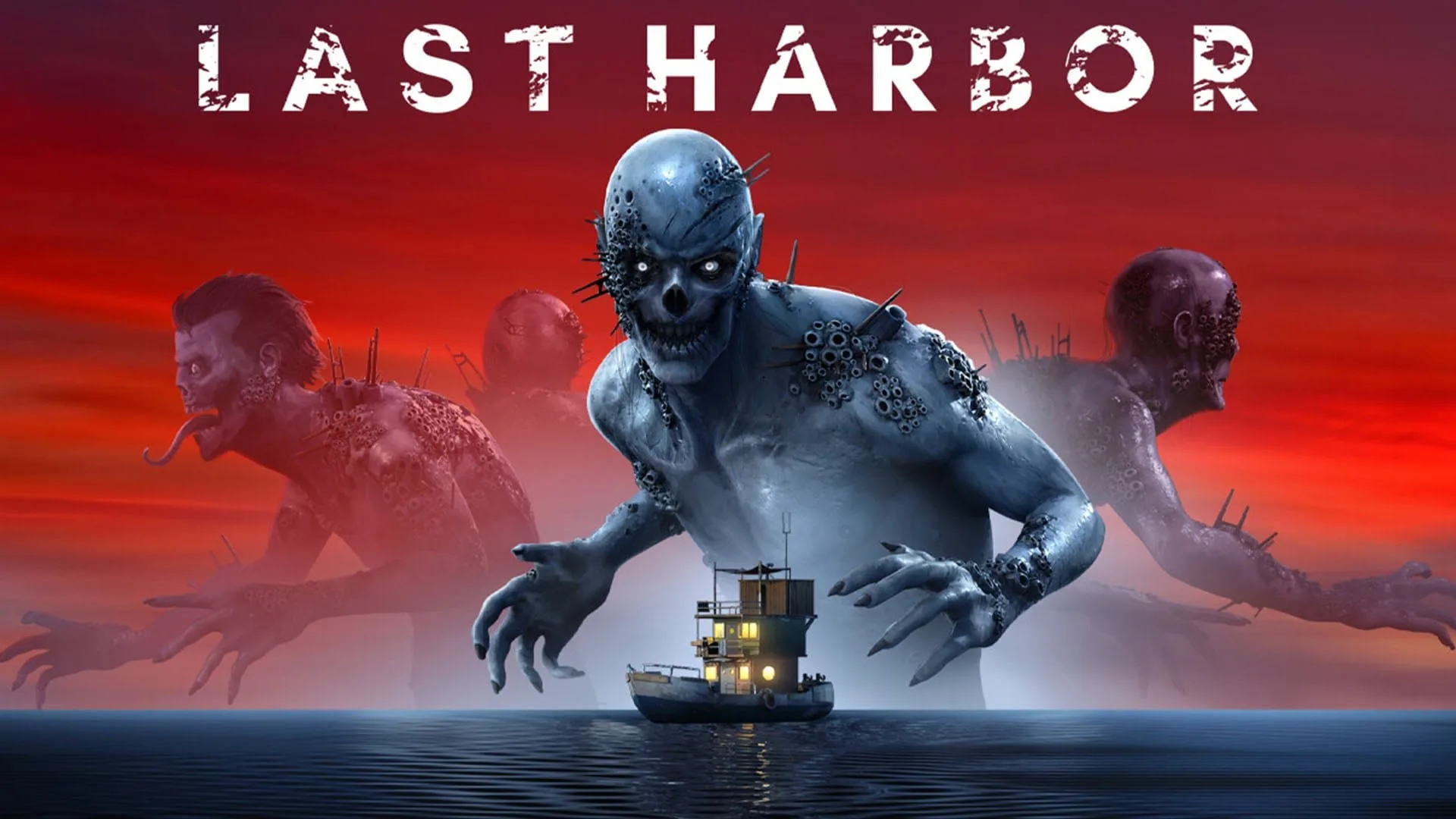 No topo, o título do jogo "LAST HARBOR" aparece em letras brancas com textura desgastada sobre um céu vermelho intenso. No centro, uma criatura pálida, monstruosa e gigante, com olhos brancos brilhantes, feições cadavéricas e cracas incrustadas na pele, surge da água cercando um pequeno barco iluminado. Ao fundo, silhuetas borradas de outros monstros semelhantes estendem-se pela linha do horizonte sob a névoa, criando uma atmosfera de terror marítimo sobre o oceano escuro.