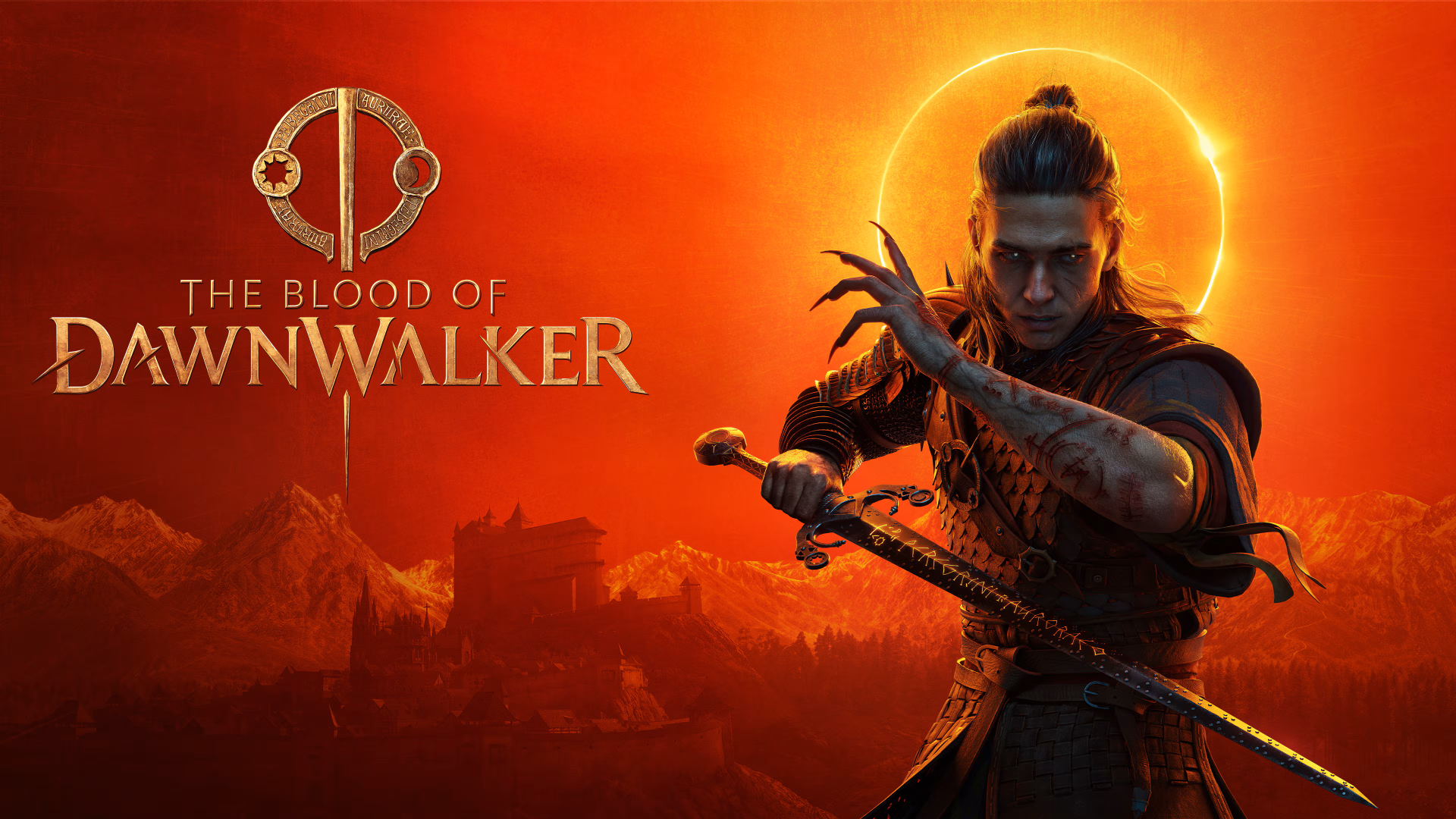 À esquerda, sobre um fundo vermelho vibrante, destaca-se o logotipo dourado com um símbolo circular e o título "THE BLOOD OF DAWNWALKER". À direita, um guerreiro de cabelos longos presos em um coque empunha uma espada preta com runas douradas brilhantes. Ele tem marcas vermelhas nos braços e unhas longas e afiadas em uma das mãos, com um olhar ameaçador. Ao fundo, um eclipse solar brilha intensamente no céu avermelhado acima de montanhas escarpadas e da silhueta de um castelo medieval.