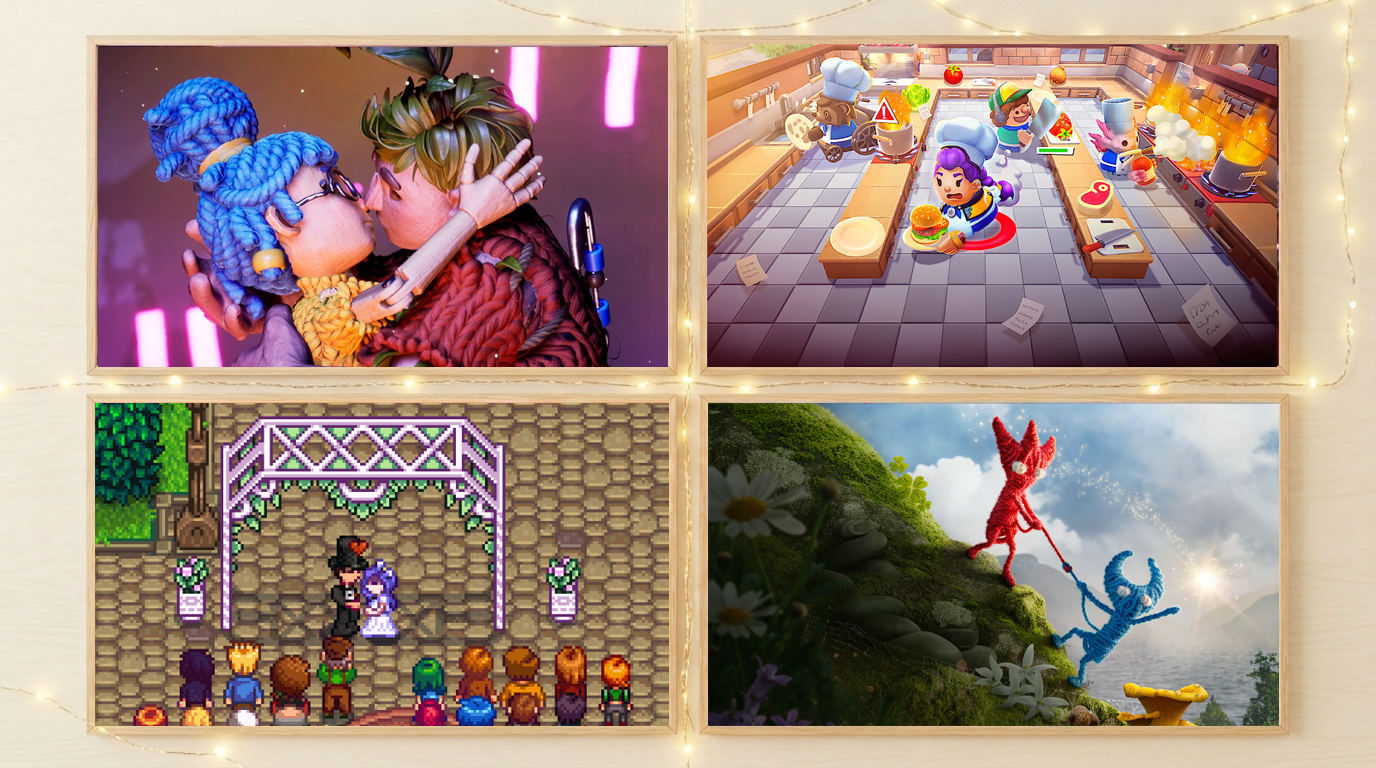 **Texto alternativo (ALT):**  Colagem com quatro quadros de jogos em molduras de madeira dispostas sobre uma parede clara decorada com luzes pisca-pisca. No canto superior esquerdo, os bonecos de "It Takes Two" se beijam. No canto superior direito, chefes de cozinha atrapalhados correm em "Overcooked!". No canto inferior esquerdo, uma cerimônia de casamento pixelizada acontece em "Stardew Valley". No canto inferior direito, duas pequenas criaturas de lã, uma vermelha e outra azul, escalam uma colina verdejante em "Unravel Two".