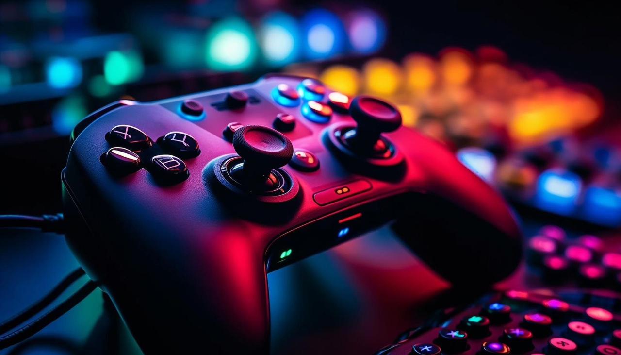Fotografia em close-up de um controle de videogame sem fio preto em estilo moderno e ergonômico, apoiado em uma mesa gamer. O controle exibe dois alavancas analógicas, direcional digital (D-pad), botões de ação e pequenas luzes indicadoras acesas. Ele está iluminado por luzes neon em tons vibrantes de rosa, vermelho, azul e roxo. Ao fundo, desfocado, é possível ver um teclado mecânico gamer com retroiluminação RGB colorida e multicolorida, criando uma atmosfera tecnológica e futurista.