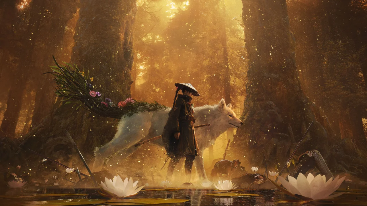 Imagem de arte conceitual do jogo "Beast of Reincarnation", com um samurai e seu companheiro lobo místico em uma floresta dourada.