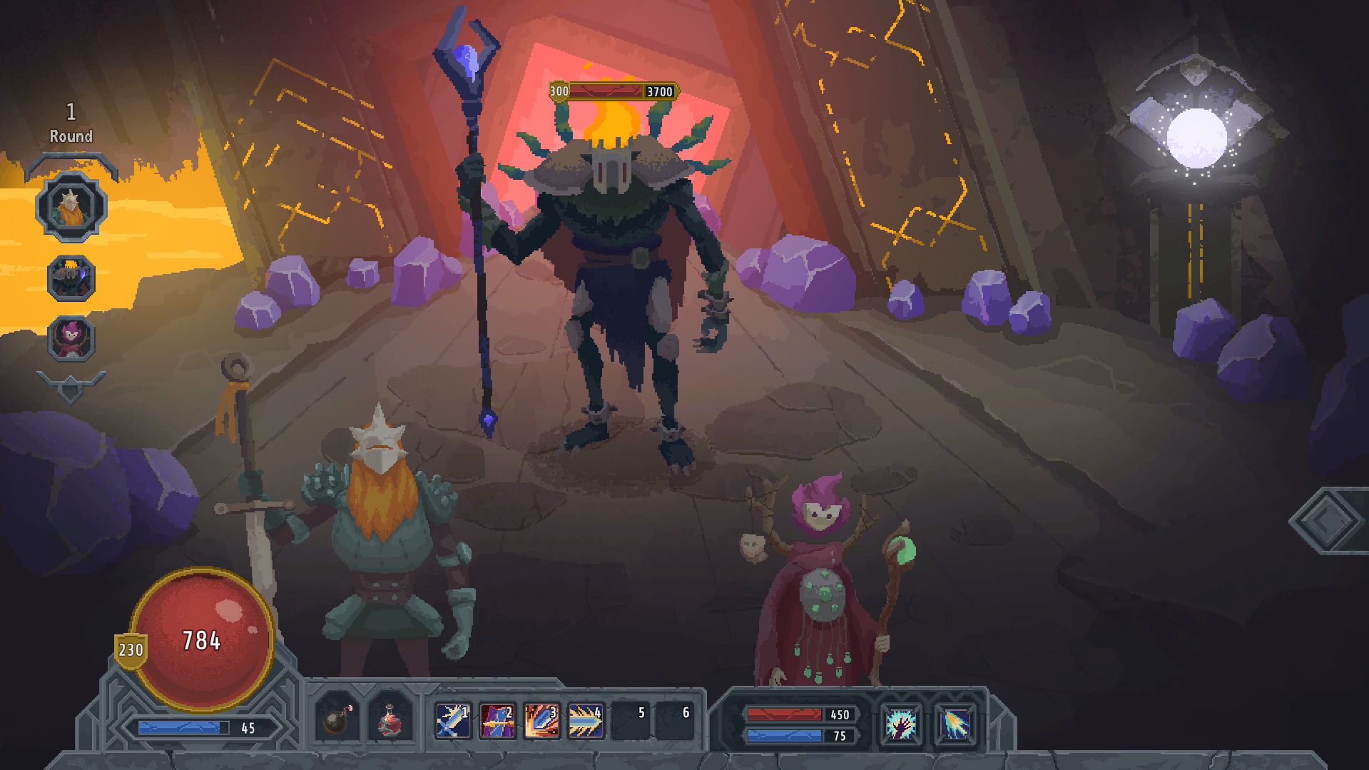 Tela de combate de Lootbound com personagens pixelados enfrentando inimigos em uma caverna