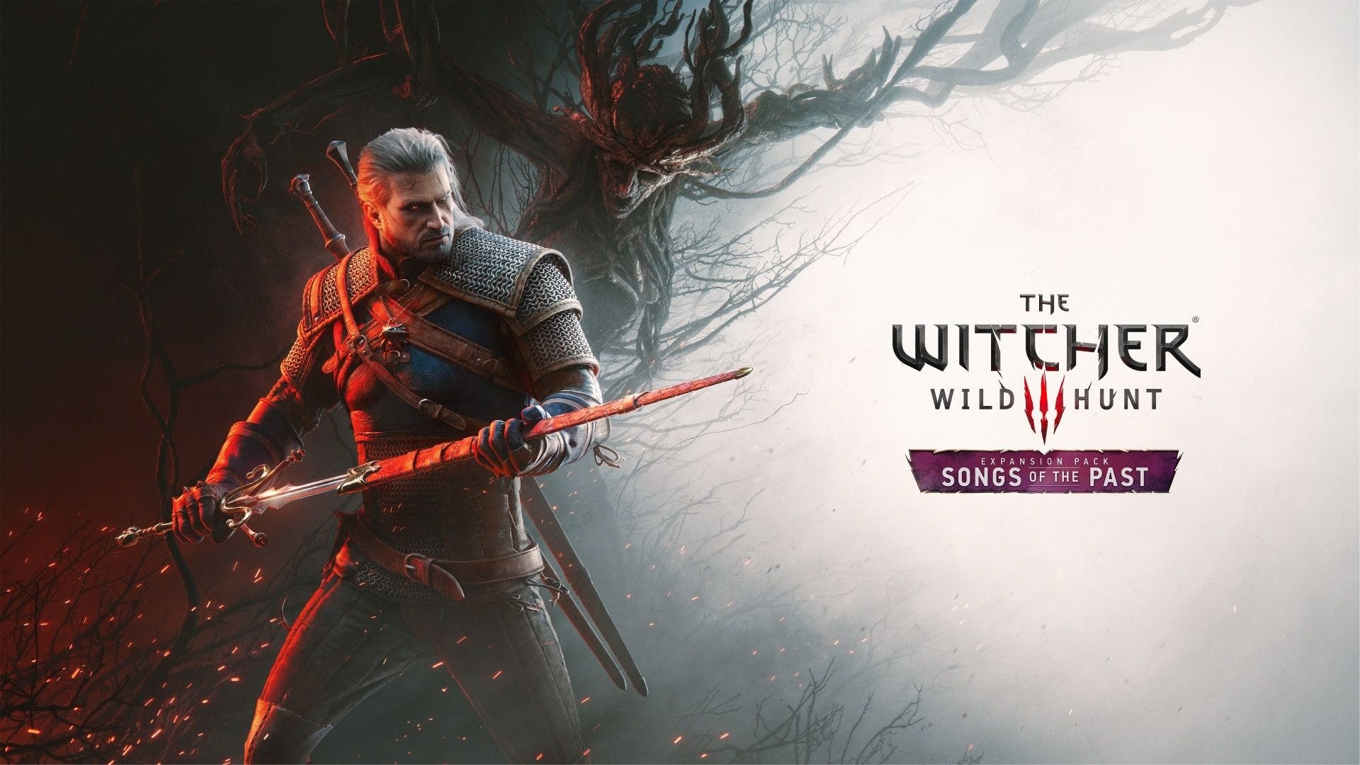 Arte promocional de The Witcher 3: Wild Hunt mostrando Geralt de Rivia com a espada na bainha em primeiro plano e um Leshen ao fundo, com o logotipo da expansão "Songs of the Past".