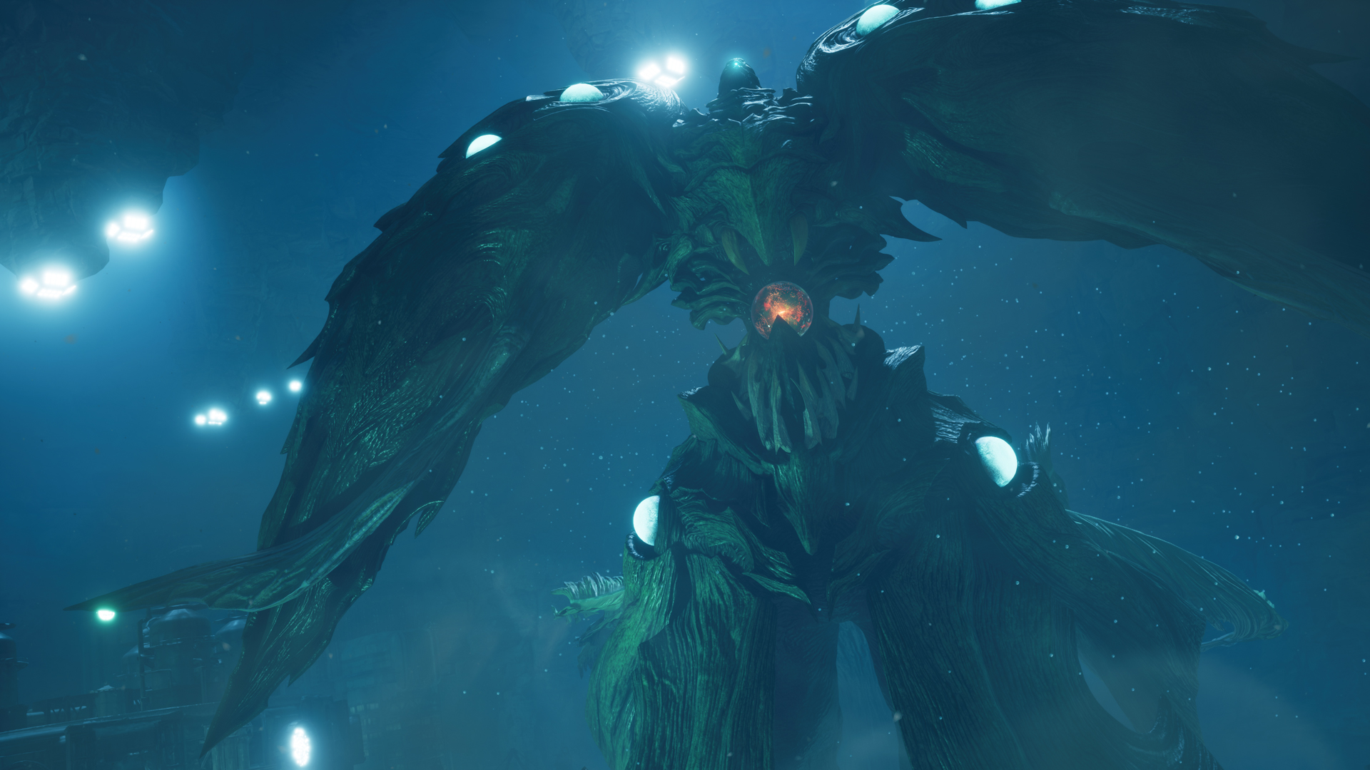 Batalha de chefe contra a Emerald WEAPON em Final Fantasy VII Revelation. Captura de jogo exibindo o monstro aquático biomecânico verde com asas abertas e núcleo vermelho brilhante nas profundezas do oceano.