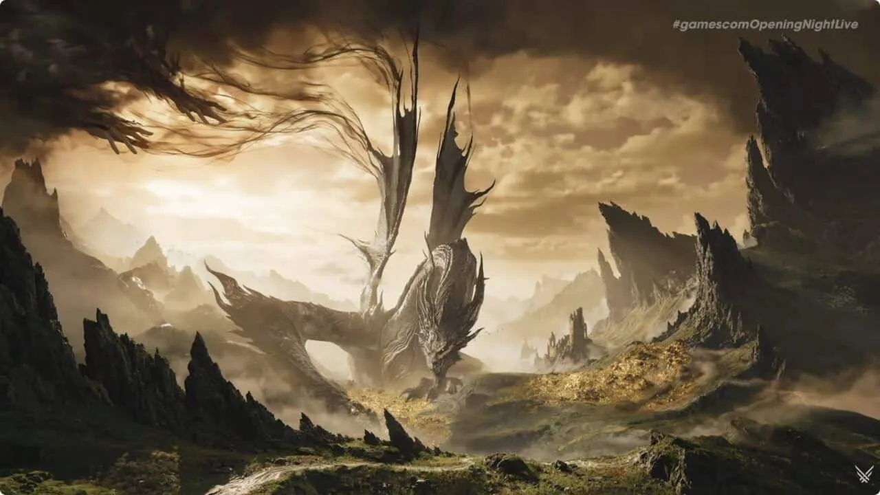 Captura da apresentação do jogo Nodus Fall na Gamescom Opening Night Live mostrando um dragão gigante guardando uma grande pilha de moedas de ouro em um vale de montanhas rochosas. Arte conceitual do jogo Nodus Fall.