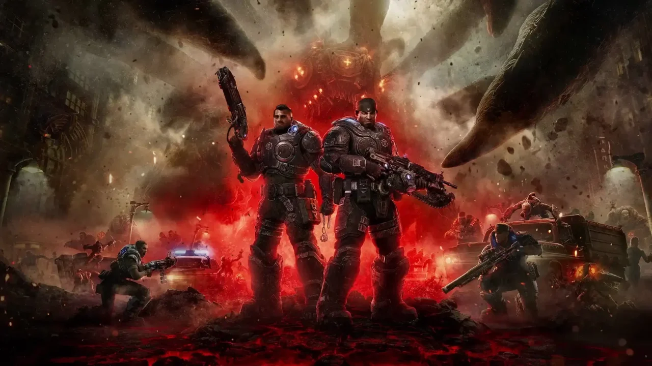 Pôster oficial de Gears of War: E-Day com os jovens Marcus Fenix e Dom Santiago prontos para a batalha. Arte conceitual do jogo da Xbox Game Studios mostrando o Dia da Emergência com caos urbano, monstros Locust e explosões ao fundo.