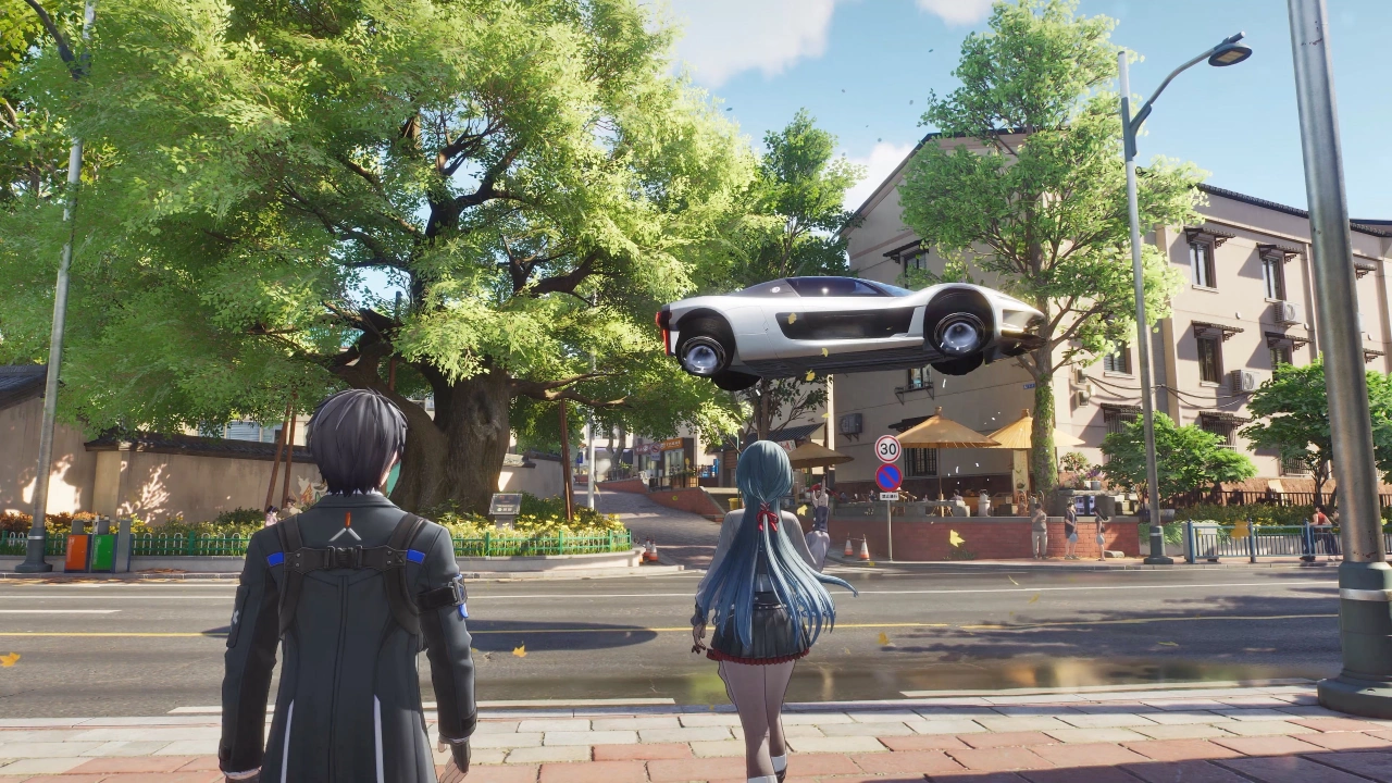 Personagens do jogo Ananta observam um carro voador em uma cidade futurista com estética anime.