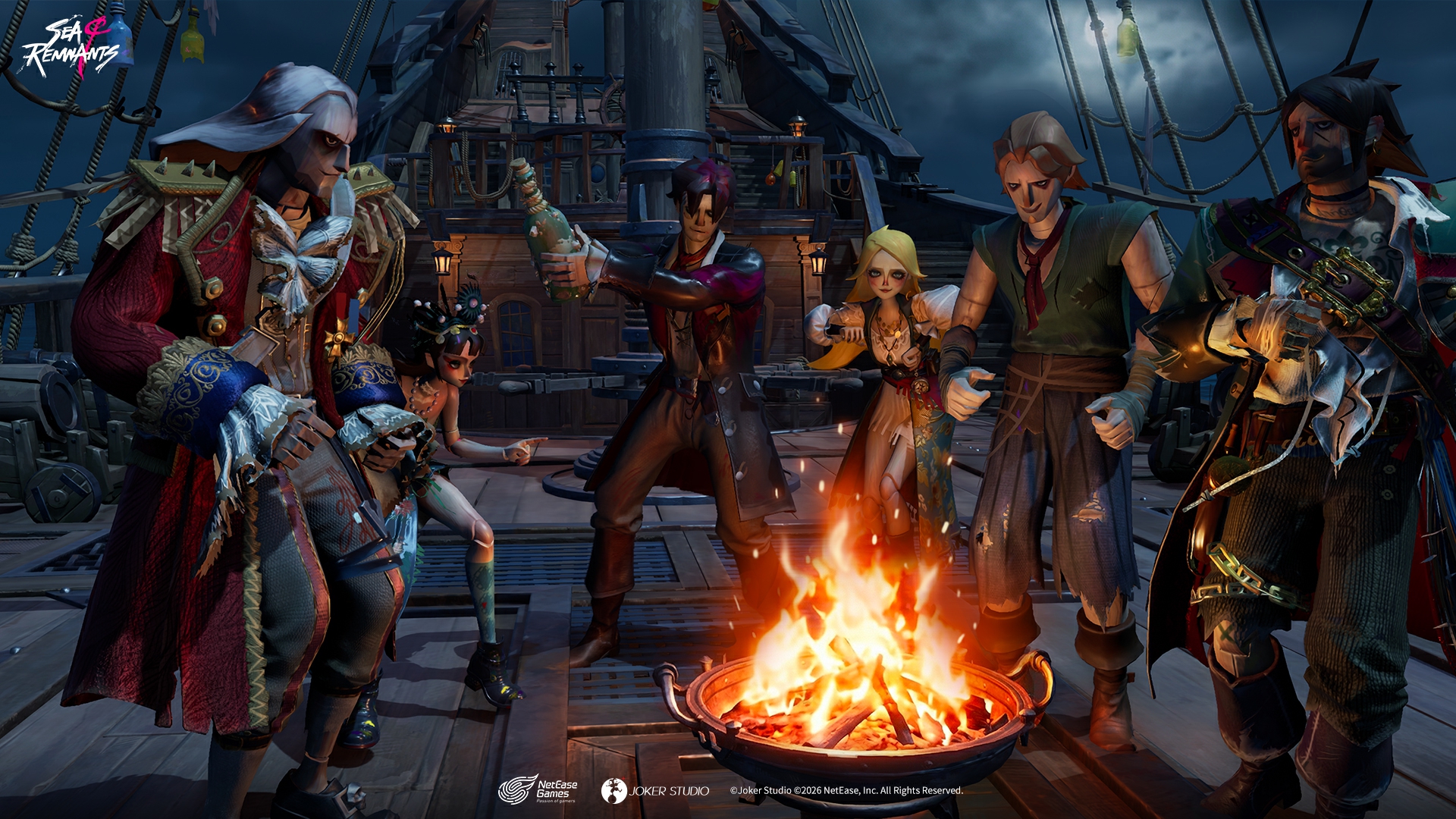 Imagem promocional do jogo de piratas Sea of Remnants, desenvolvido pelo Joker Studio e NetEase Games. A arte exibe a tripulação reunida ao redor de uma fogueira no convés do navio sob a luz da lua.