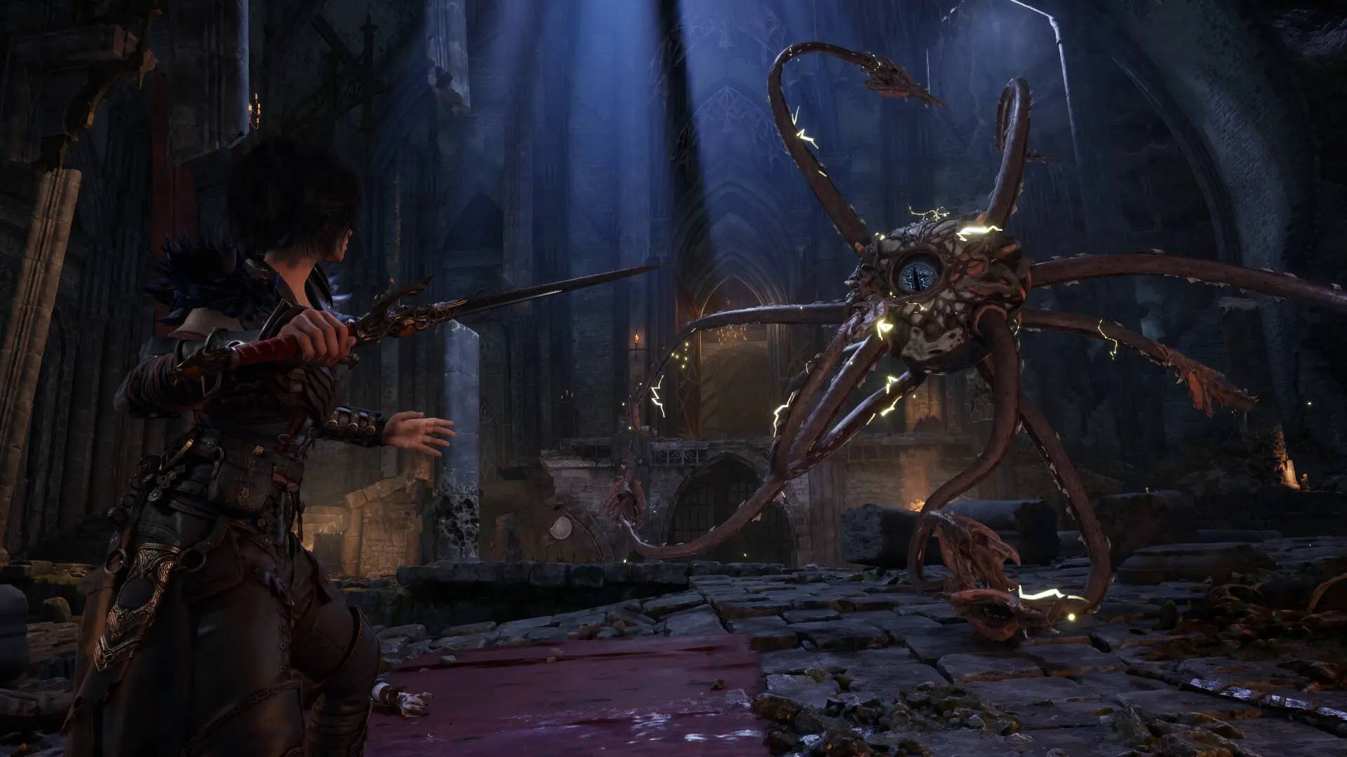 Gameplay de combate do RPG Warlock: Dungeons & Dragons. A imagem mostra uma personagem bruxa enfrentando um monstro Beholder com tentáculos elétricos dentro de ruínas góticas em uma ambientação de fantasia sombria.