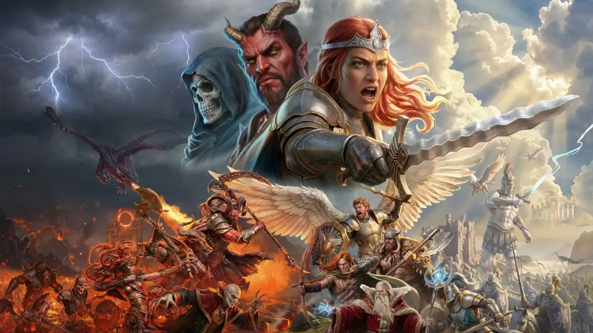 Arte promocional oficial de Heroes of Might and Magic III Remake mostrando o confronto épico entre as forças da luz e das trevas, com a Rainha Catherine, anjos, magos, demônios e mortos-vivos em um campo de batalha de fantasia medieval.