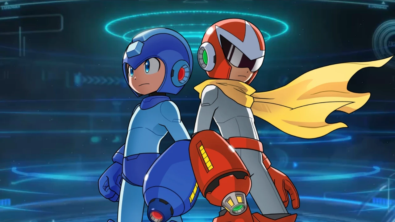 Arte promocional do jogo Mega Man: Dual Override mostrando a dupla de robôs heróis Mega Man e Proto Man em estilo anime. Imagem em alta definição da Capcom destacando os dois personagens prontos para o combate em um cenário futurista de néon.