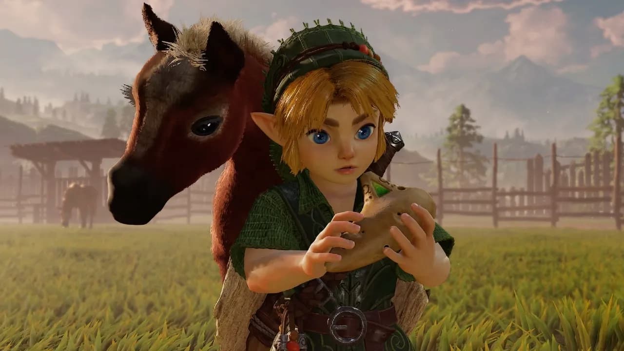 Captura de The Legend of Zelda: Ocarina of Time Remake. A imagem destaca o jovem Link segurando a ocarina ao lado de Epona no Lon Lon Ranch em estilo visual moderno e ultra-detalhado.
