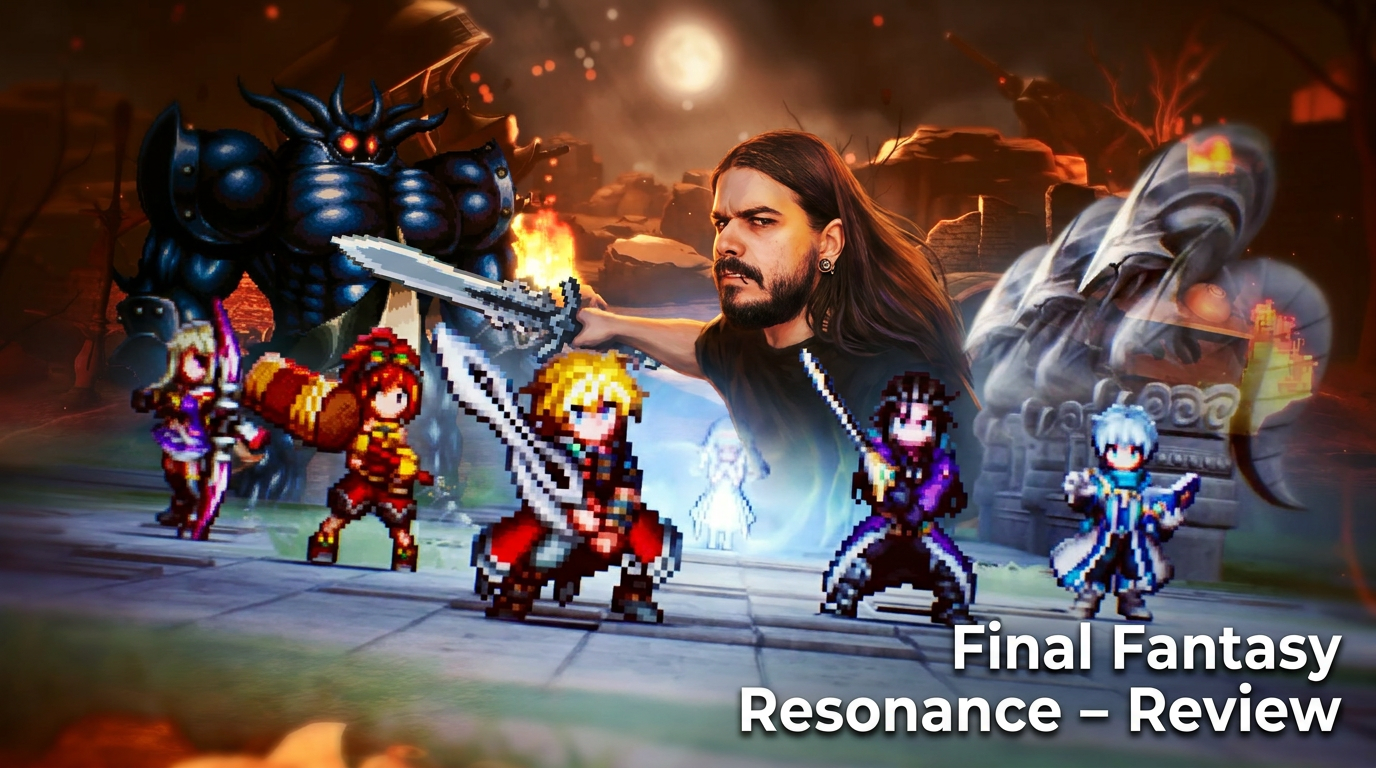 Thumbnail do review de Final Fantasy Resonance com o apresentador Khanners616 em destaque à esquerda, fundo com arte do jogo mostrando personagens em combate 2.